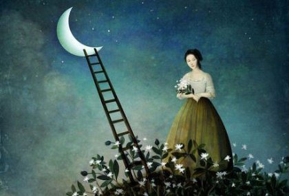 Kvinna med ett öppet sinne under natthimmel