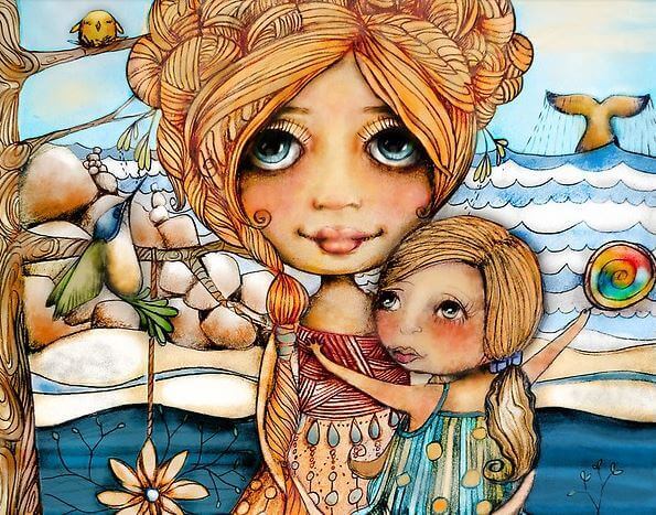 Mor och dotter på strand