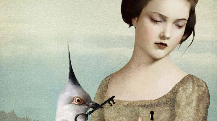 Kvinna och fågel med nyckel