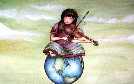 Flicka med fiol illustrerar självförtroendet hos barn