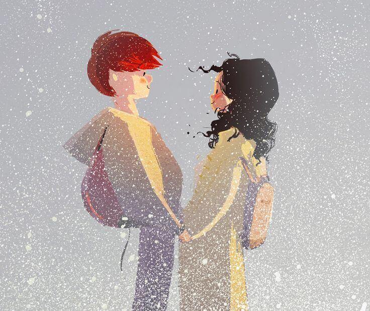 Par i snöfall