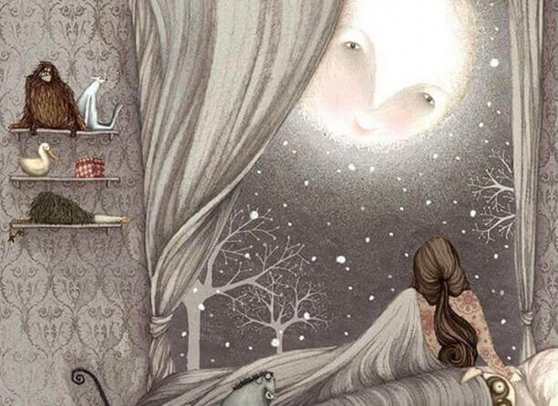 Kvinna som vill sova och måne