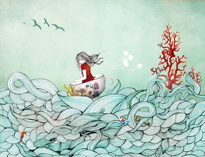 Flicka i kopp på hav