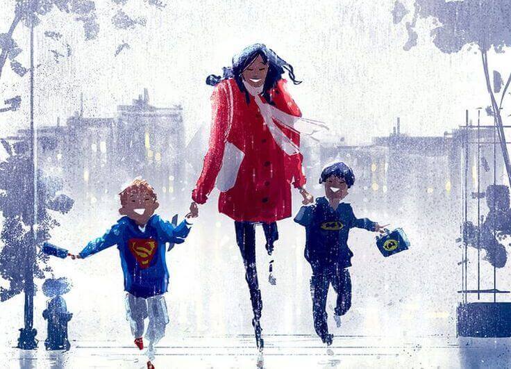 Mamma och barn som springer