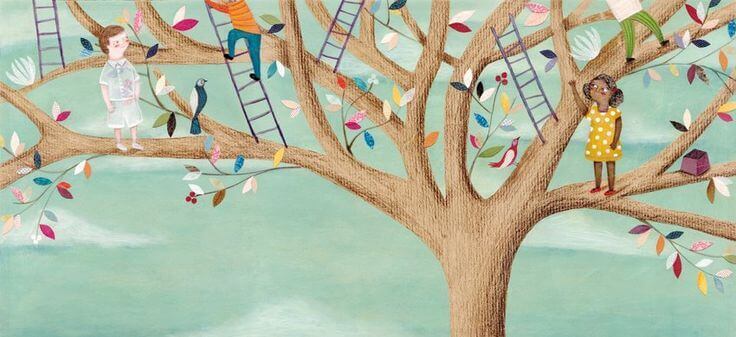 Människor i träd som berättar historier