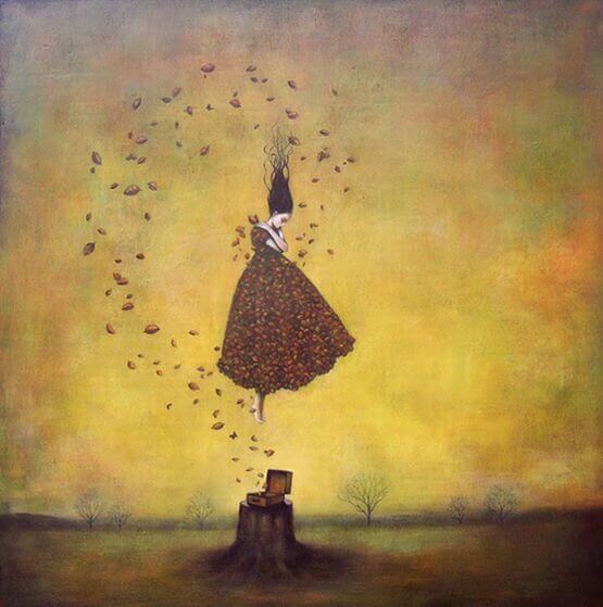 Kvinna som svävar ovanför stubbe