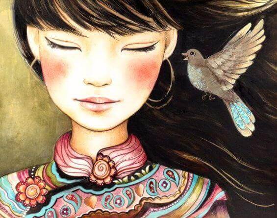 Asiatisk flicka och fågel visar högkänslighet