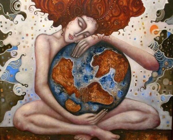 Kvinna kramar Jorden