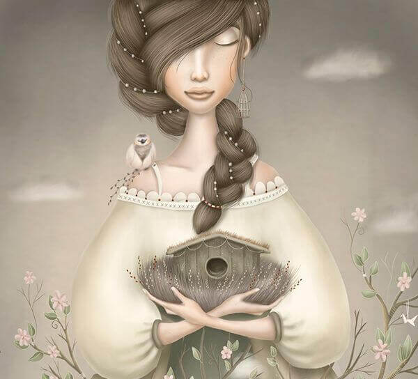 Flicka med fågelholk