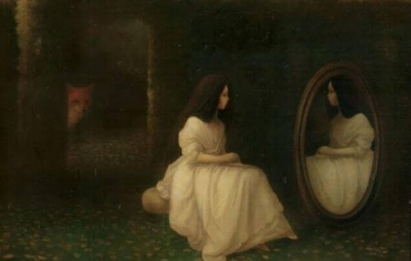 Flicka ser i spegel