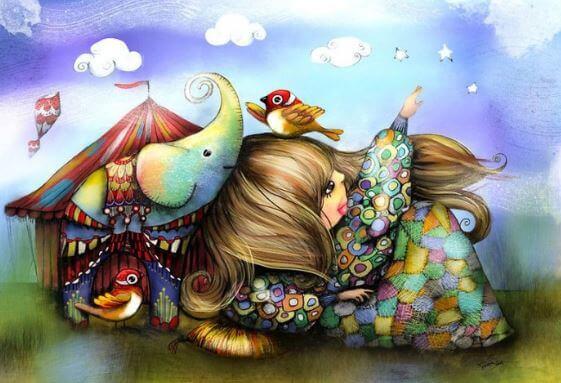 Barn, elefant och fåglar