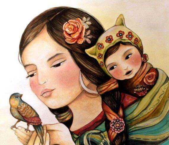 Mor, dotter och fågel illustrerar kärleken hos en kvinnas hjärta