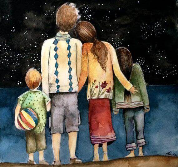 Familj under stjärnhimmel
