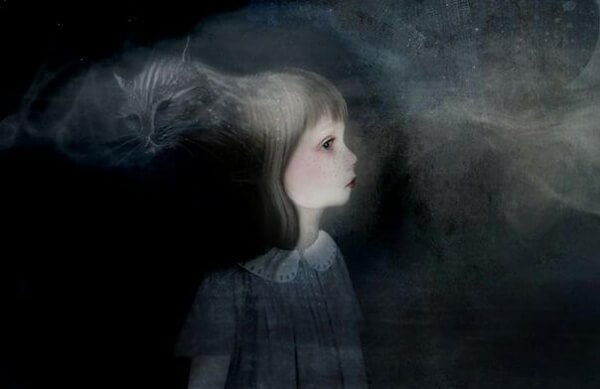 Flicka bland skuggor