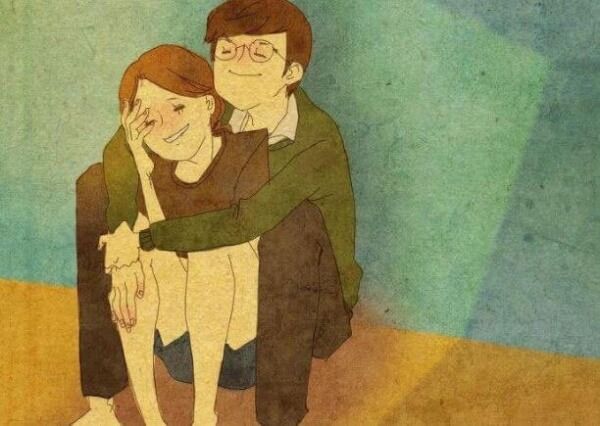 Leende par på golvet