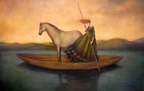 Kvinna och häst i båt