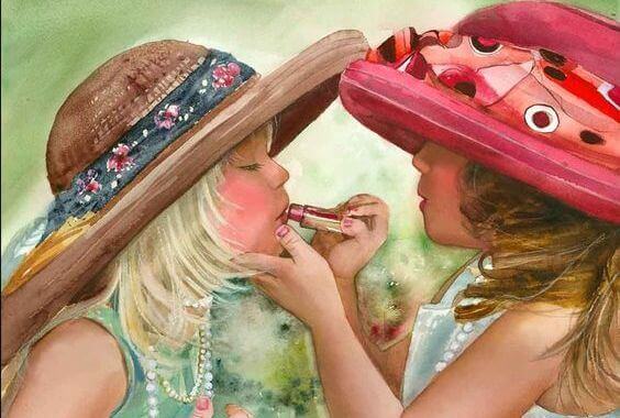 Systrar som målar läpparna