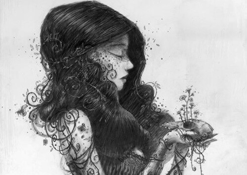 Kvinna i svartvitt som vet att det är fel att ljuga