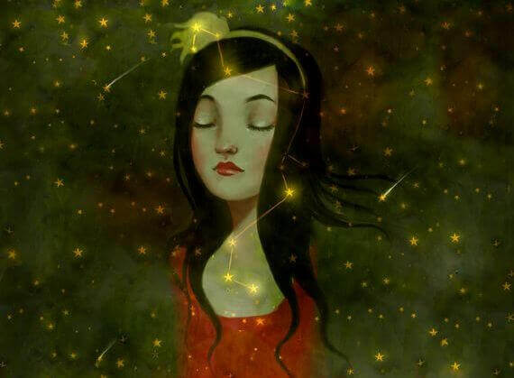 Flicka bland stjärnor som gör tankemisstag