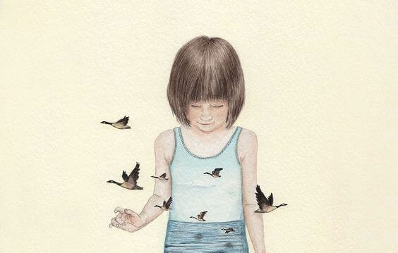 Fåglar runt flicka