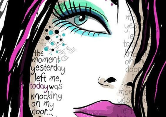 Kvinna med text i ansiktet