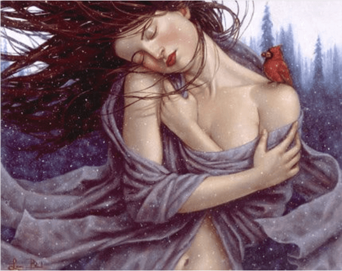 Kvinna i skog med fågel på axeln