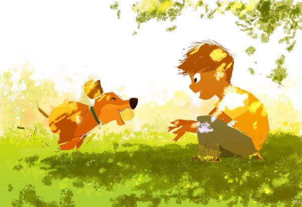 Pojke leker med hund