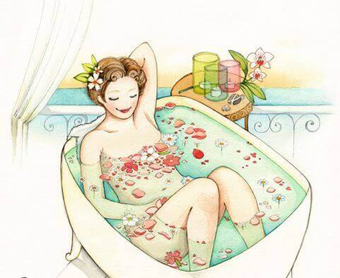 Kvinna i badkar som tänker på tjejen i grön baddräkt