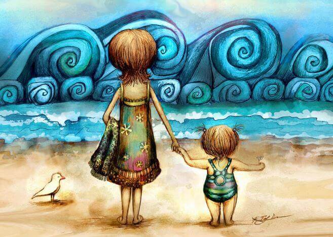 Mor och dotter på strand