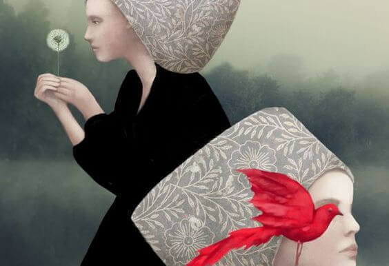 Flicka med röd fågel som gör allt för andra