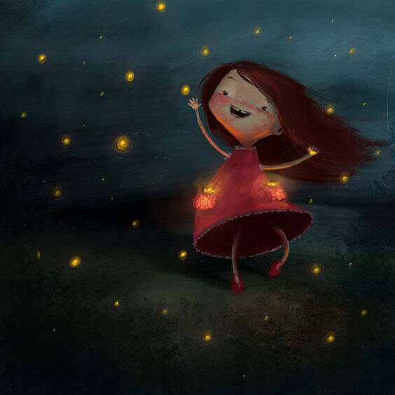 Glad tjej och eldflugor