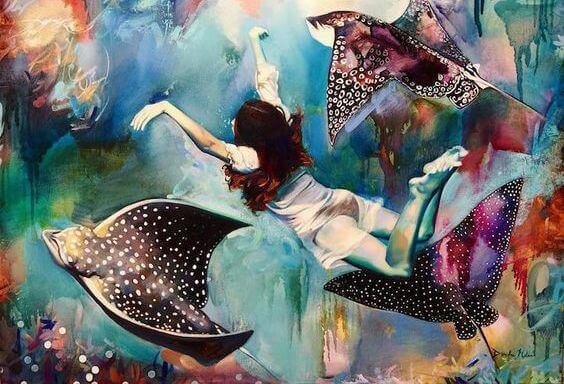 Kvinna bland rockor som känner tillit