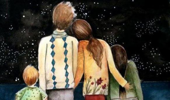 Familj ser på stjärnor