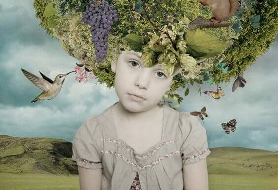 Flicka med växter på huvudet som uppfostras med rätt auktoritet