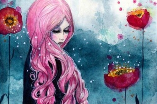 Ensam kvinna bland blommor