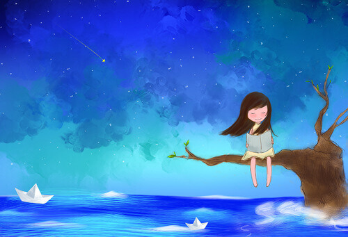 Ensam flicka på gren