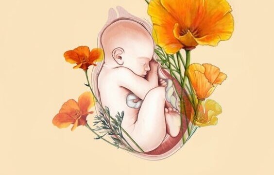 Barn i livmoder med blommor