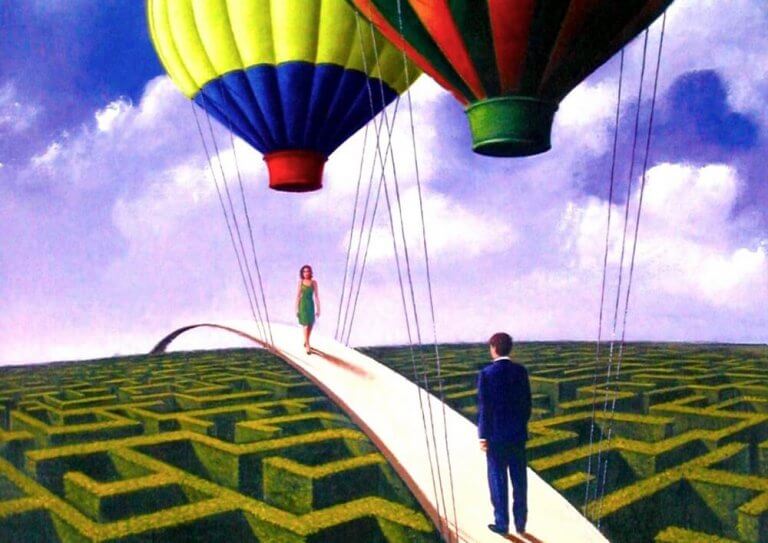 Man och kvinna på bro med ballonger