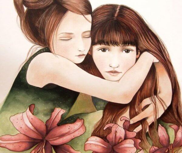 Flickor kramar varandra
