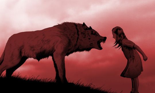 Flicka och varg som visar tänderna för varandra