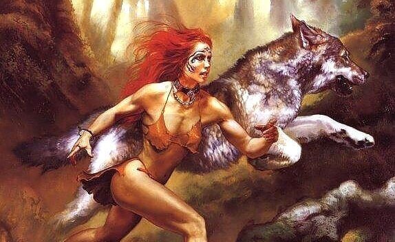 Kvinnor som slår följe med vargarna, kvinna och varg som jagar tillsammans