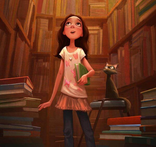 Flicka i bibliotek