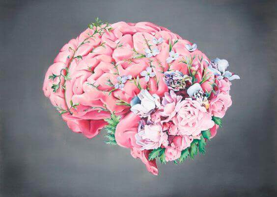 Hjärna med blommor som rensar ut onödig information