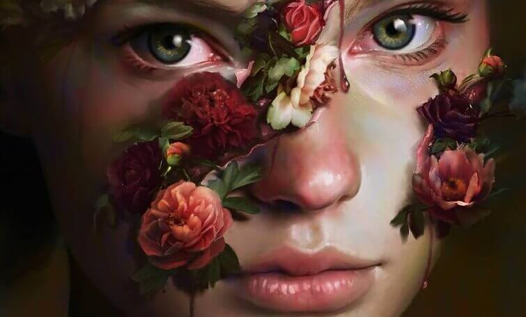 Kvinna med rosor i ansiktet