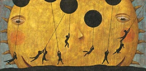 Människor som flyger med ballonger framför solen