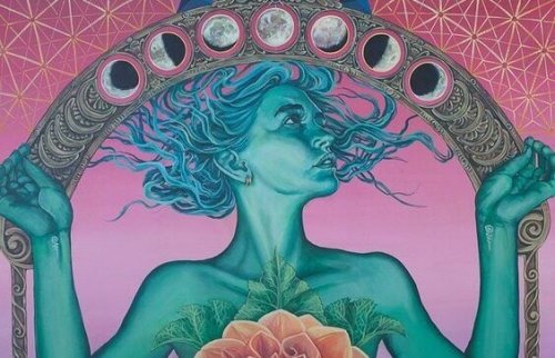 Kvinna som symboliserar buddhistiska ordspråk