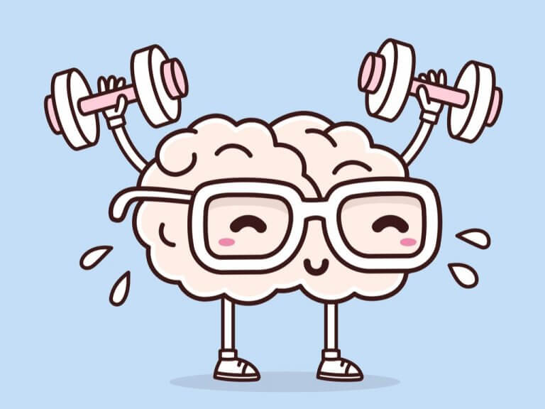 Hjärna med glasögon som tränar och visar hur du kan förbättra ditt psykologiska tillstånd