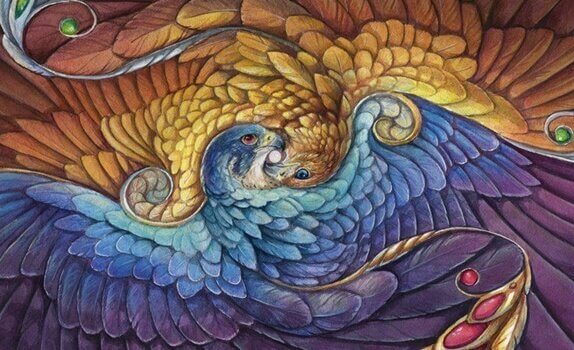 Två örnar i olika färger.