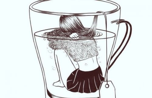 Kvinna i tekopp som representerar en förvrängd verklighet