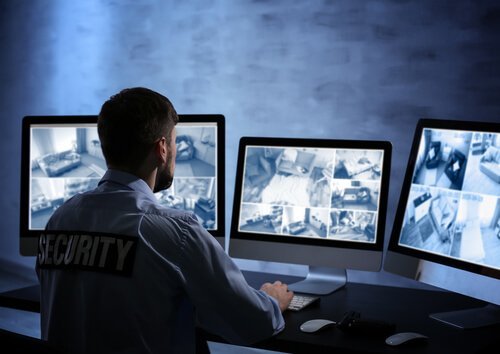 Väktare som granskar kamerabilder